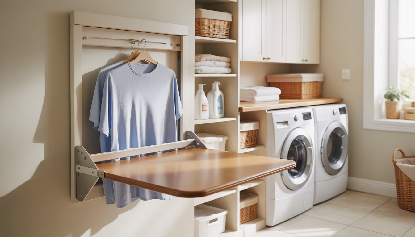 Laundry room with a foldable wall-mounted table unfolded, organized shelves, and laundry appliances.