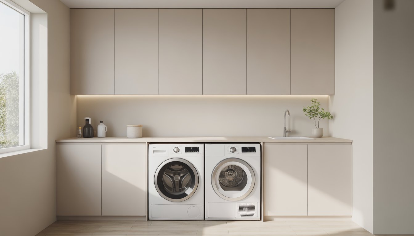 A bright laundry room with a washing machine, dryer, and hidden storage cabinets, featuring a clean and organized space.