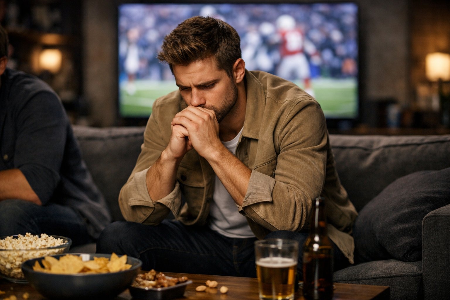 A young man sitting on a couch looking disappointed while watching a football game on TV in a dimly lit room.