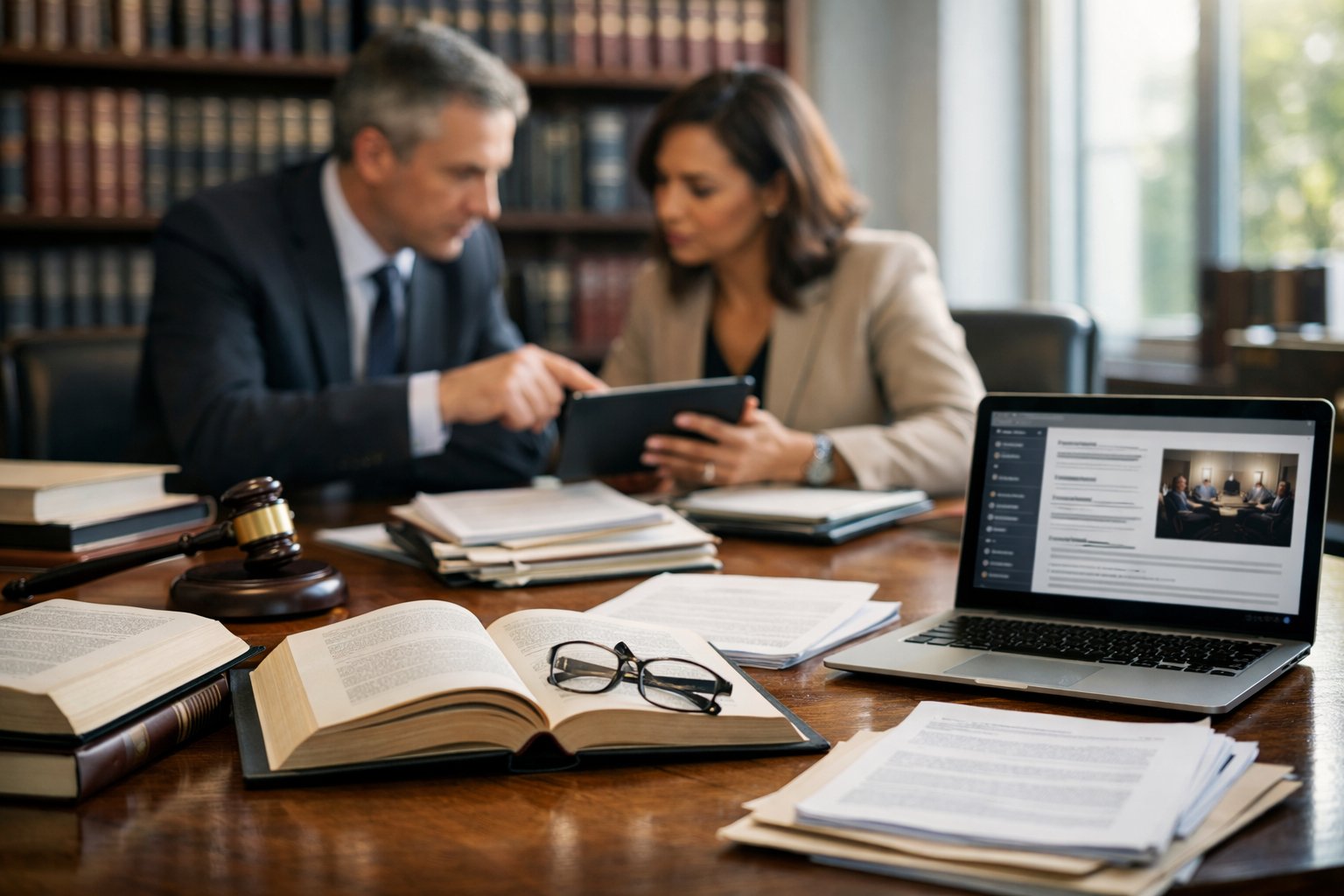 Des professionnels discutant autour d’un bureau avec des livres de droit et des documents juridiques dans un bureau moderne bien éclairé.