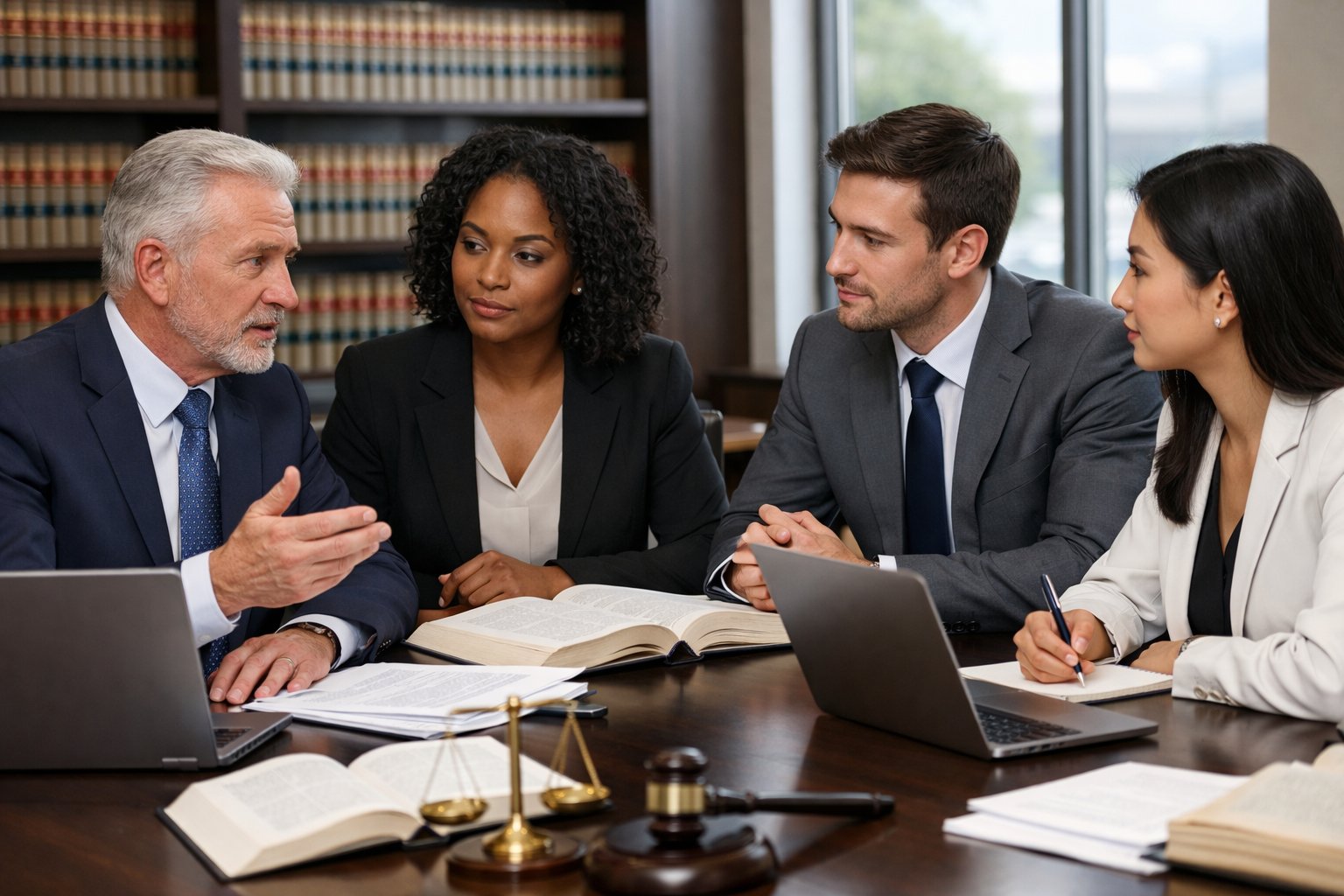 Un groupe de professionnels en réunion autour d'une table avec des livres de droit et des documents juridiques dans un bureau lumineux.