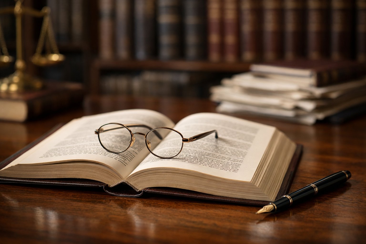 Un bureau en bois avec un livre de droit ouvert, des lunettes de lecture posées dessus et une plume, devant des étagères remplies de livres juridiques flous en arrière-plan.
