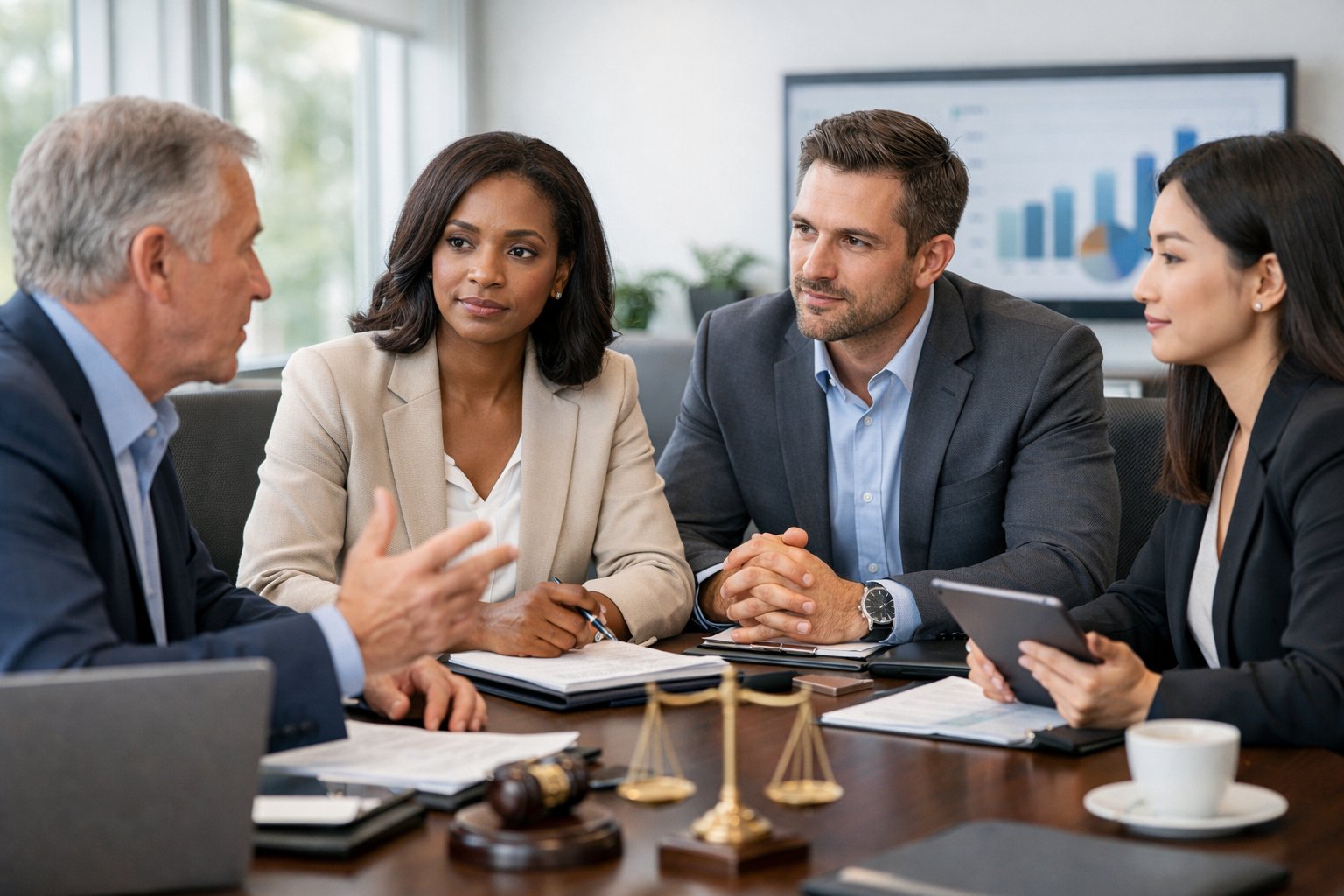 Un groupe de professionnels en réunion autour d'une table dans un bureau lumineux, discutant et analysant des documents.