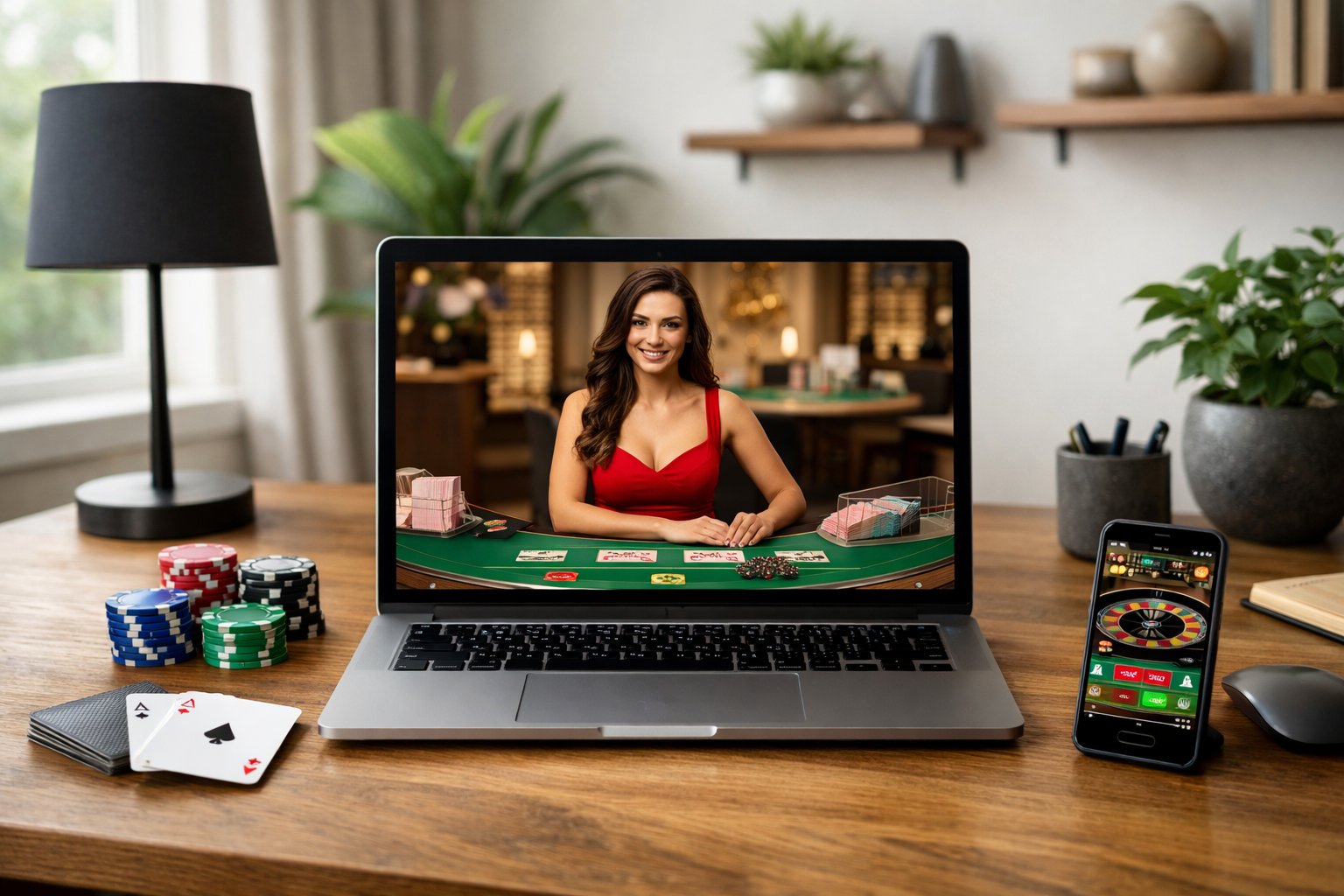 A home office desk with a computer showing a live dealer casino game and gaming accessories around it.