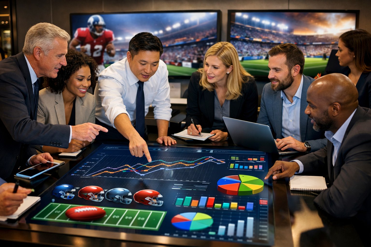A group of professionals in a modern conference room analyzing data on a large touchscreen table and monitors related to football betting and sweepstakes.