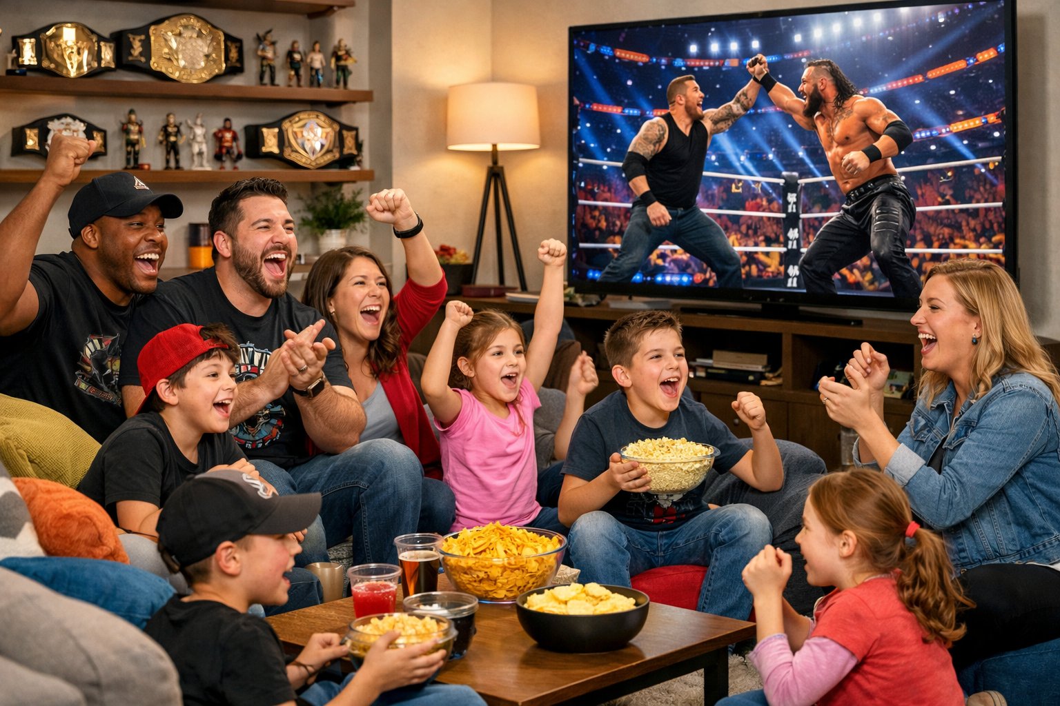 A group of people watching a wrestling event together in a living room, cheering and enjoying the show.