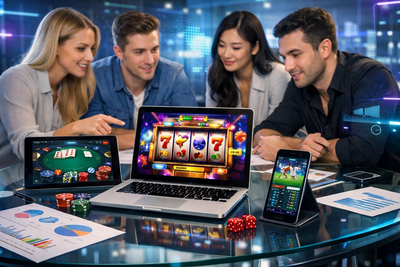 A group of young professionals using multiple digital devices showing online casino games and sports betting, discussing strategies around a glass table with charts and graphs.