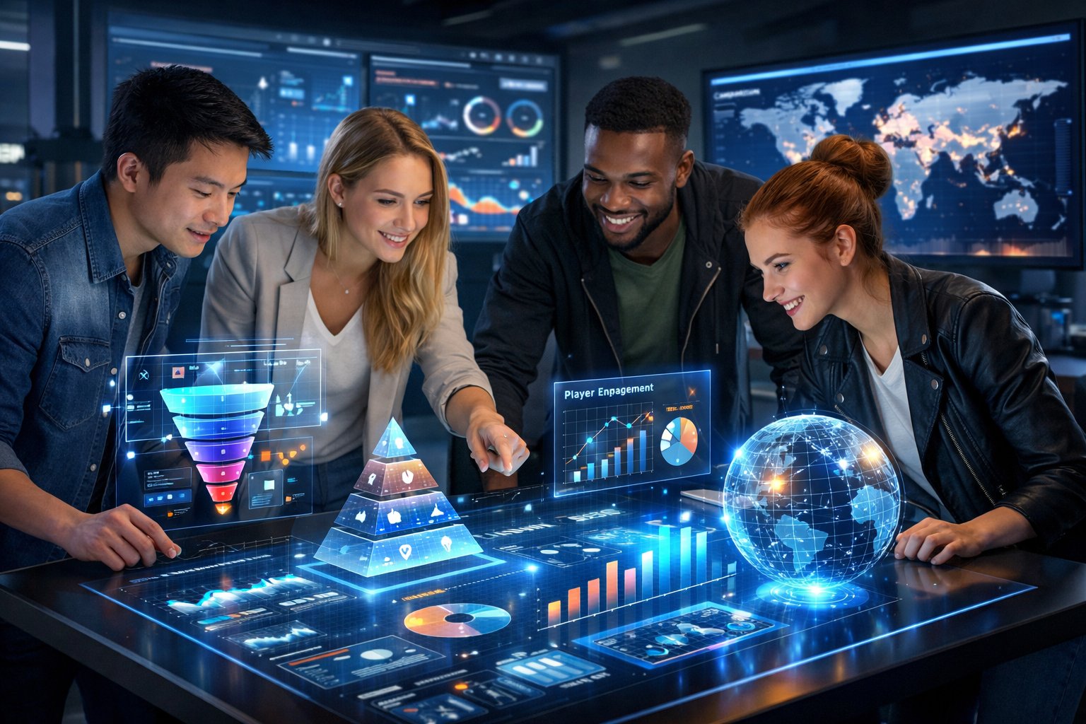 A group of professionals collaborating around a digital touchscreen table displaying futuristic data and analytics related to online gaming marketing.
