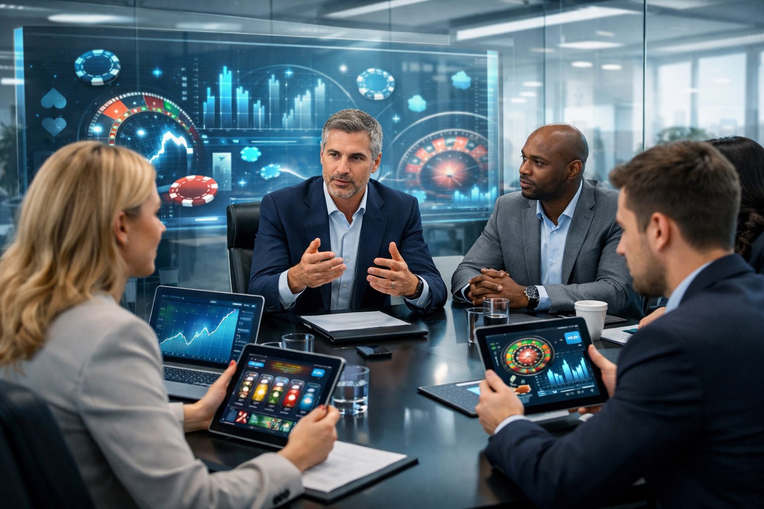 A group of business professionals having a meeting in a modern office with digital screens showing charts and gaming data.