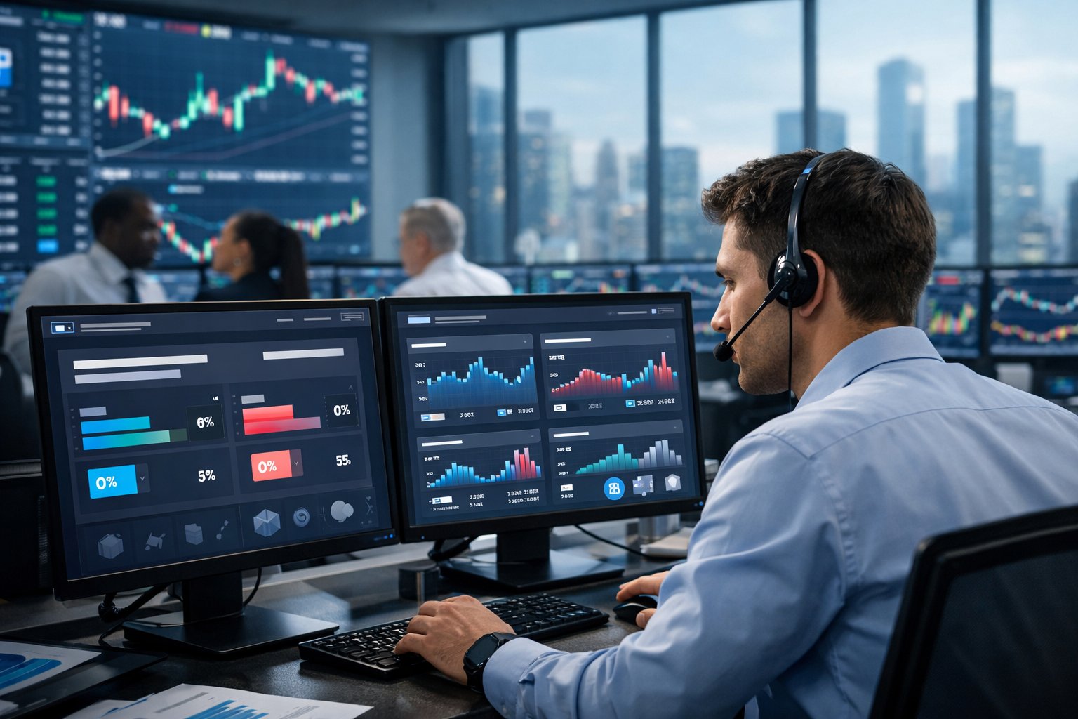 Traders analyzing market data on multiple screens in a modern office with city views.