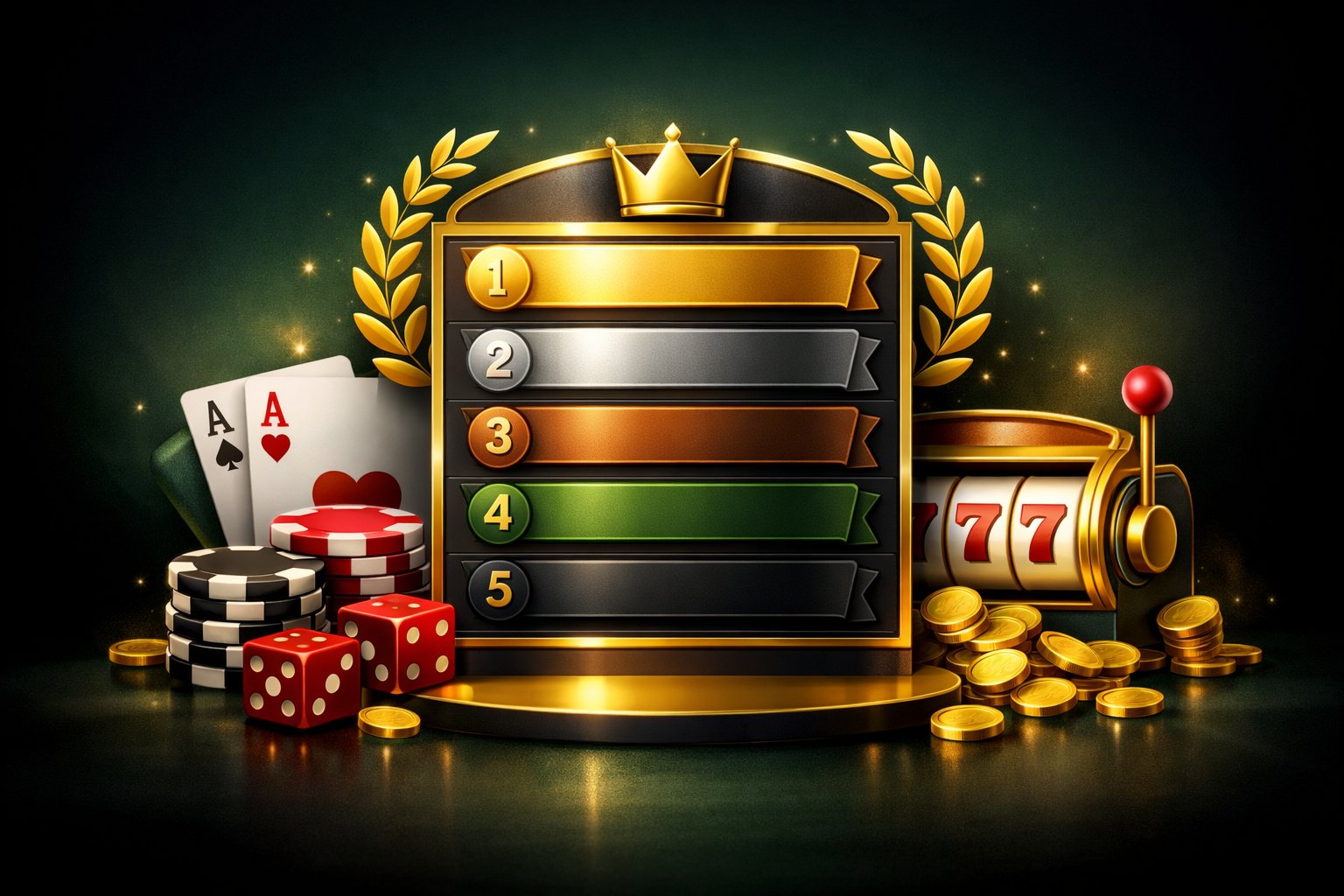 A CasinoThemed Leaderboard With Poker Chips, Playing Cards, Dice, And A Slot Machine Arranged Around It.