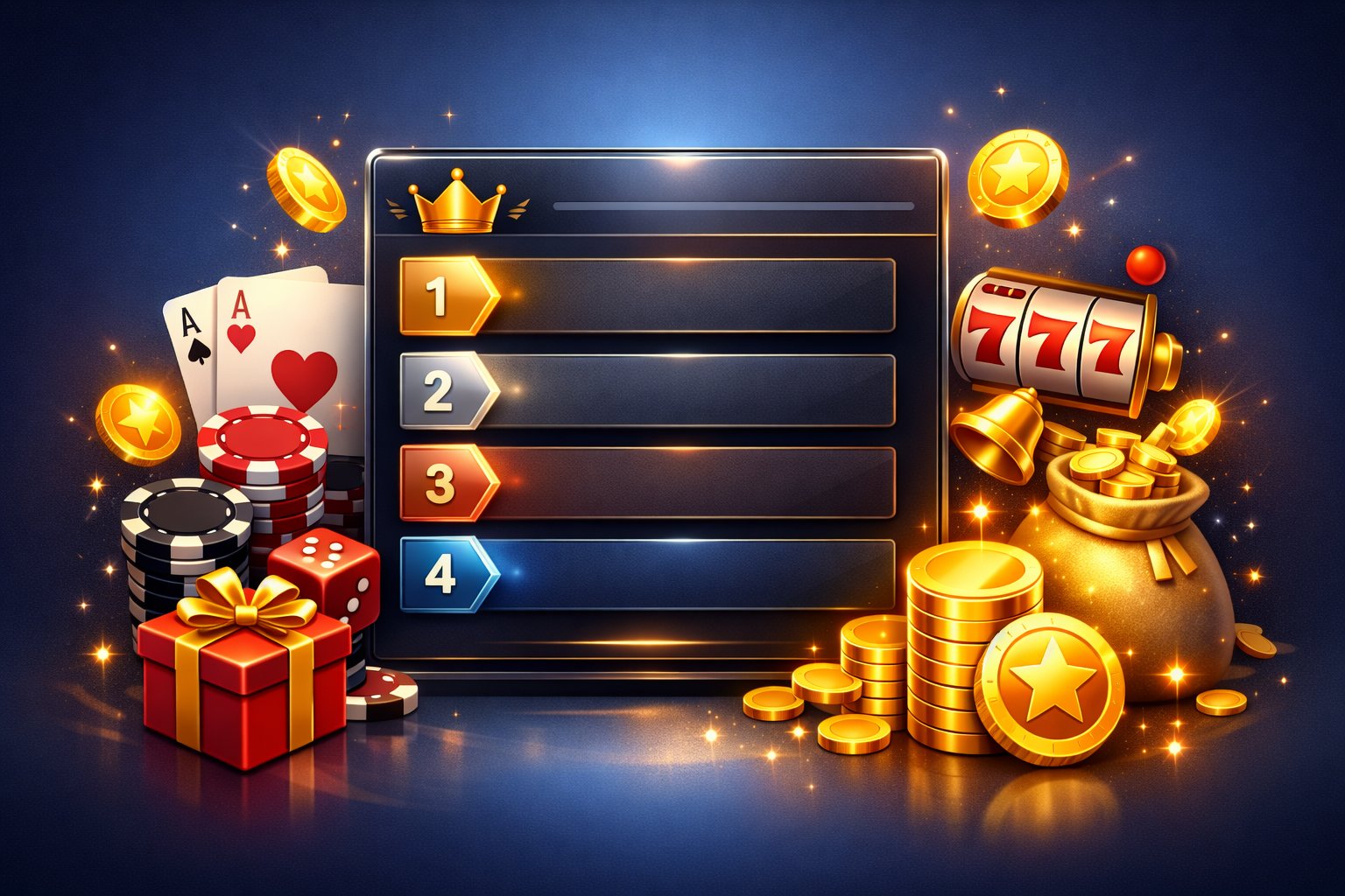 A Digital Leaderboard Displaying CasinoThemed Icons Like Playing Cards, Poker Chips, And Coins, Representing An Instant Bonus Top List.
