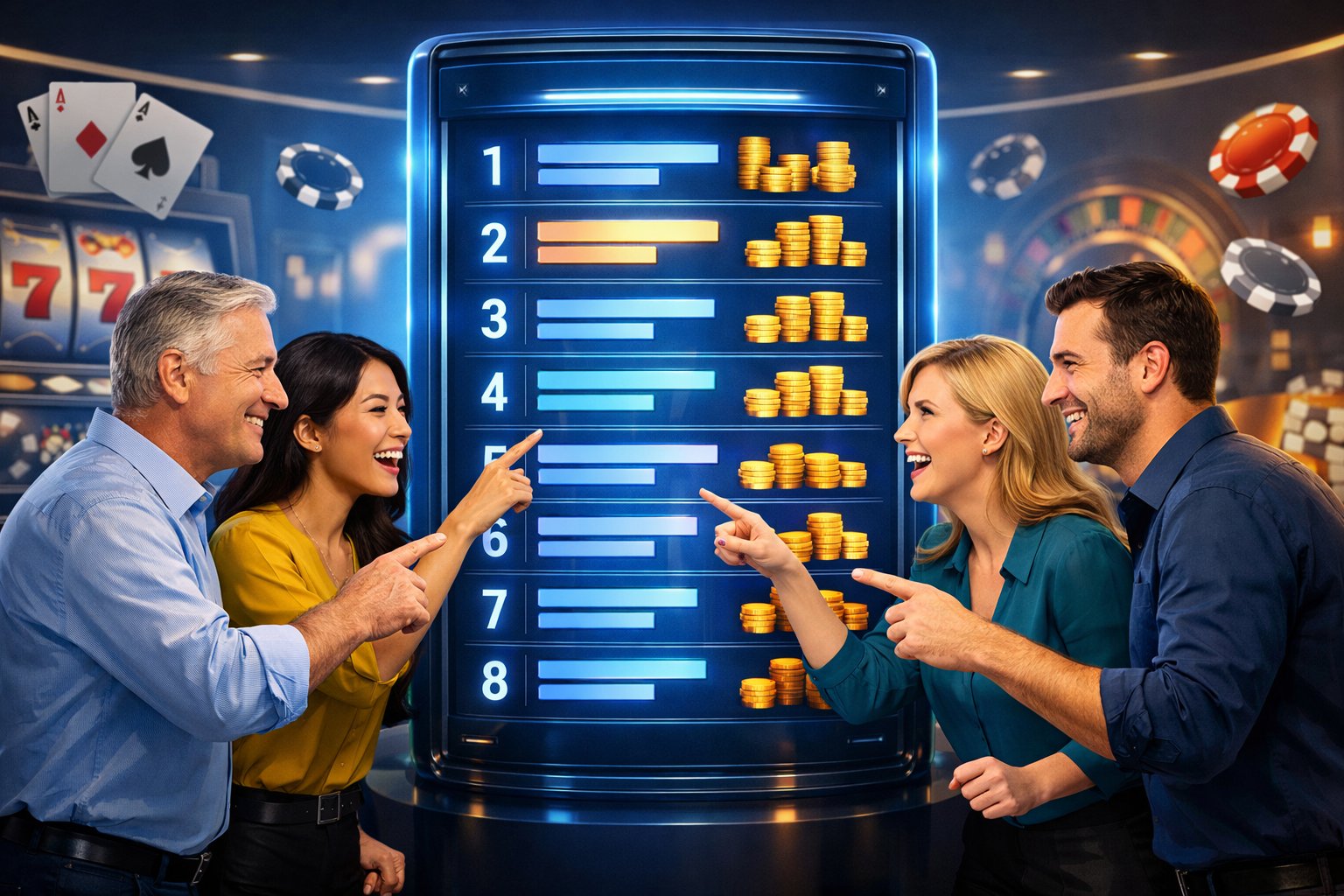 A Group Of Diverse Adults Looking At A Glowing Digital Leaderboard Showing A Top List Of Casino Bonuses In A Modern Setting With CasinoThemed Decorations.