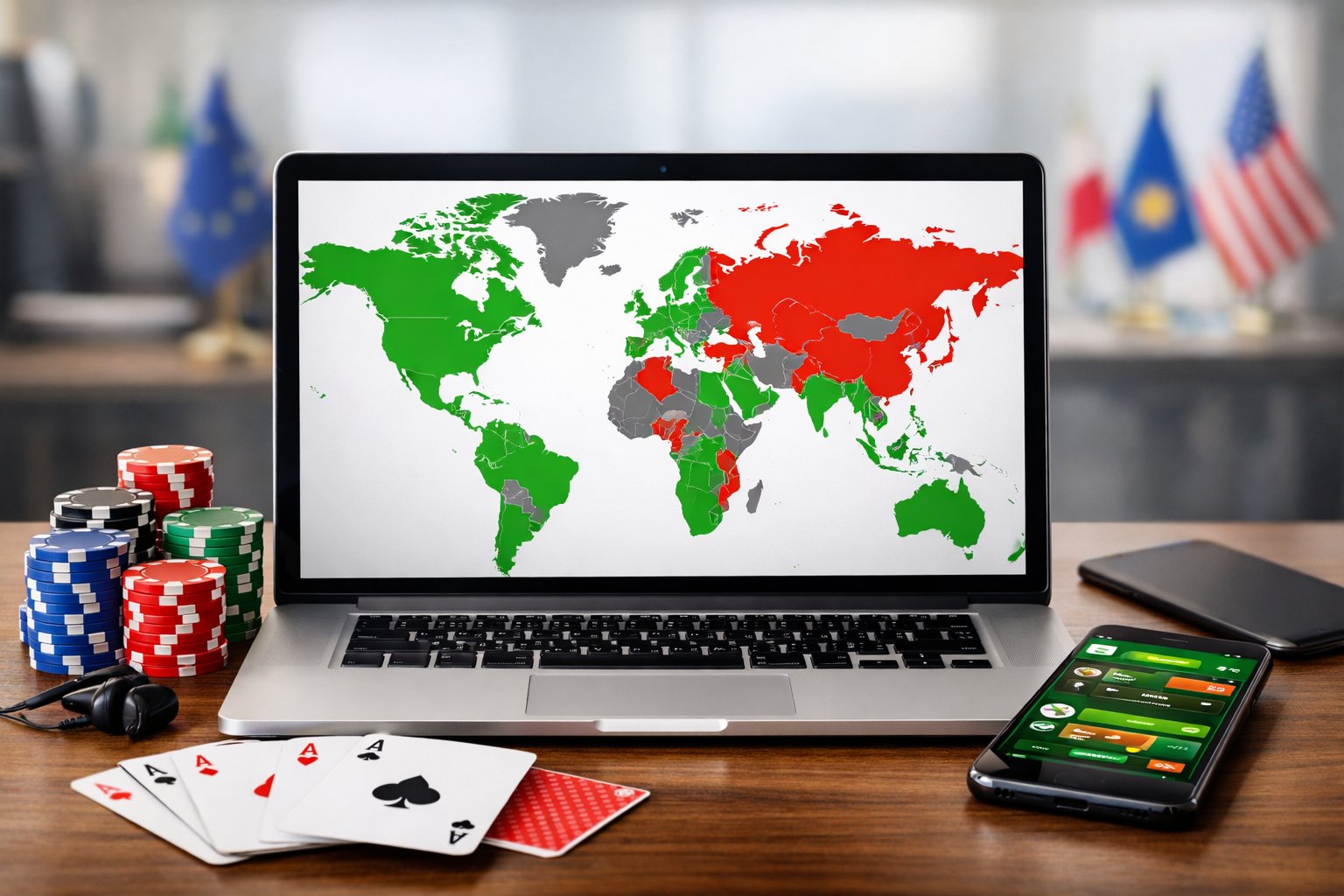 A laptop on a desk displaying a world map highlighting countries where online gambling is legal, surrounded by poker chips, playing cards, and a smartphone with a betting app, in a modern office setting.