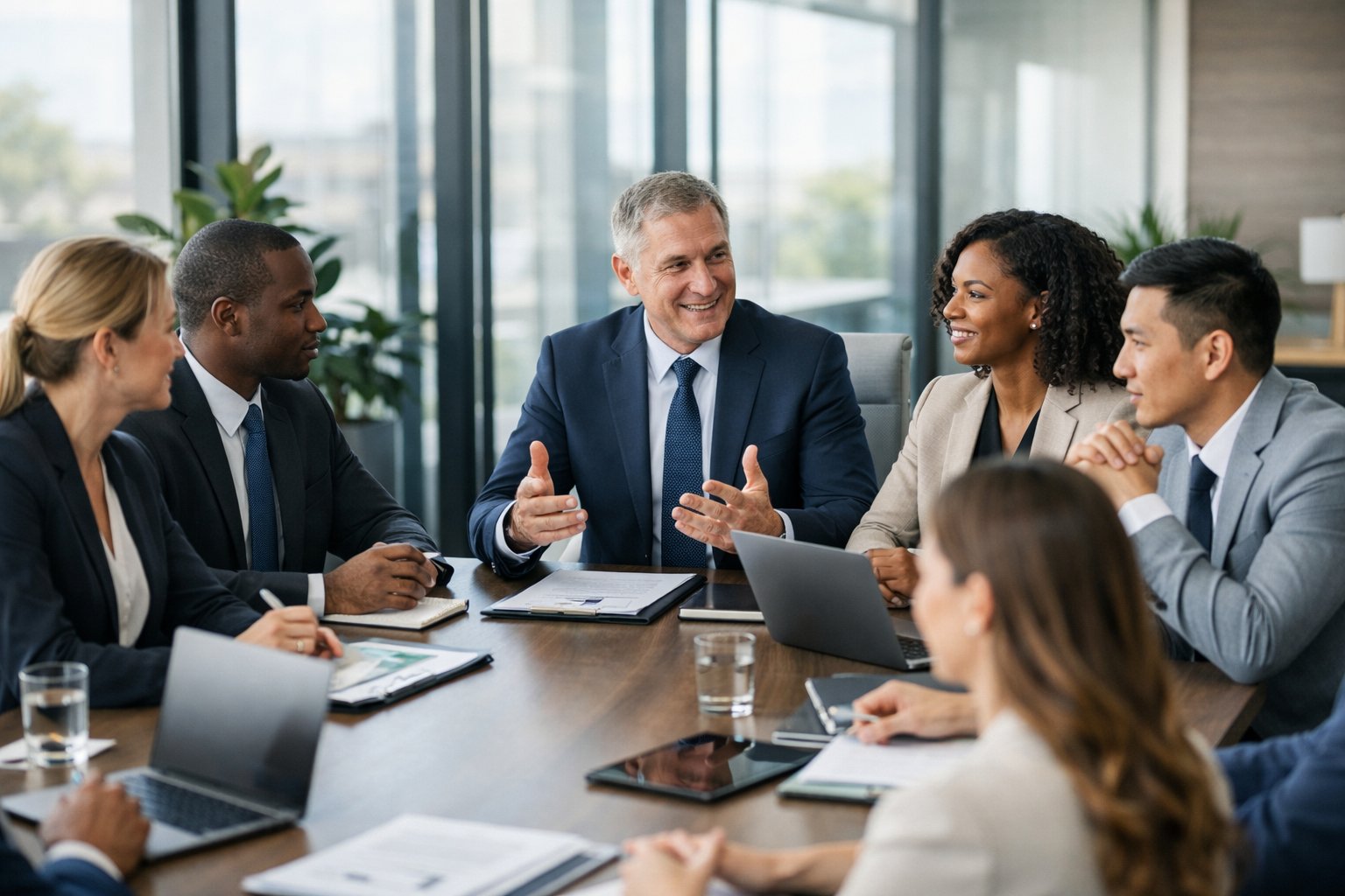 Un groupe diversifié de professionnels en réunion dans une salle de conférence moderne, discutant autour d'une grande table avec des documents et des ordinateurs portables.