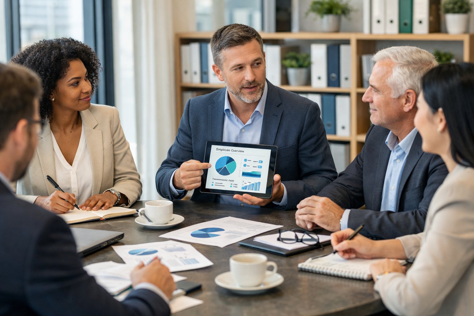 Un groupe de professionnels en réunion dans une salle de conférence moderne, discutant autour d'une table avec des ordinateurs portables et des documents.