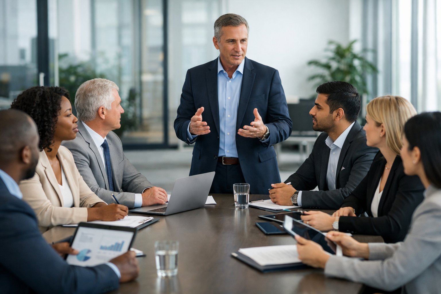 Un groupe de professionnels en réunion dans une salle de conférence moderne, discutant autour d'une grande table avec des ordinateurs portables et des documents.
