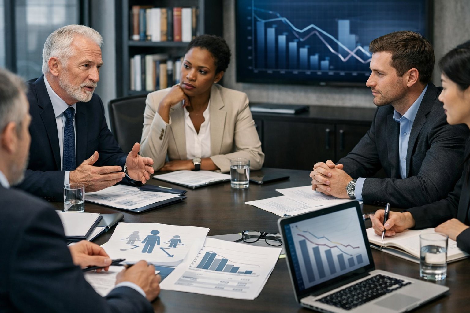 Un groupe de professionnels en réunion dans un bureau moderne, discutant autour d'une table avec des documents et des ordinateurs portables.