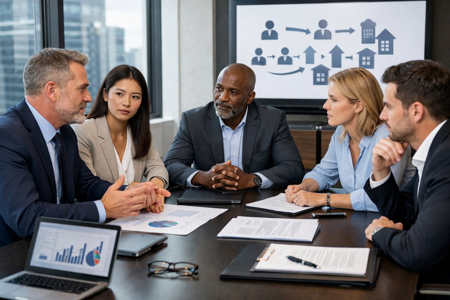 Des professionnels en réunion dans un bureau moderne, discutant autour d'une table avec des documents et des ordinateurs, symbolisant les obligations liées au code du travail et aux marchés publics.