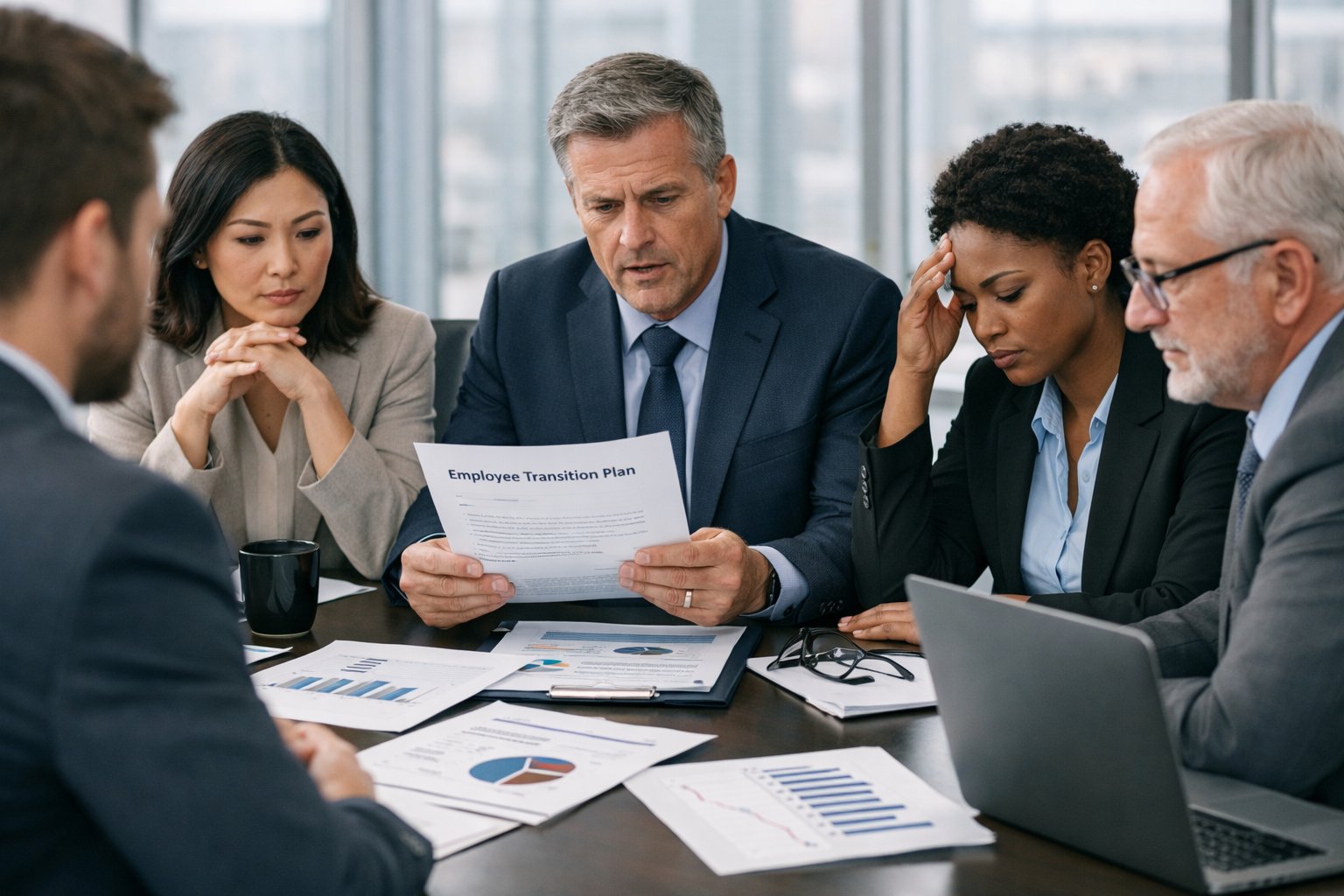 Une réunion d'affaires sérieuse avec des professionnels discutant autour d'une table dans un bureau moderne.