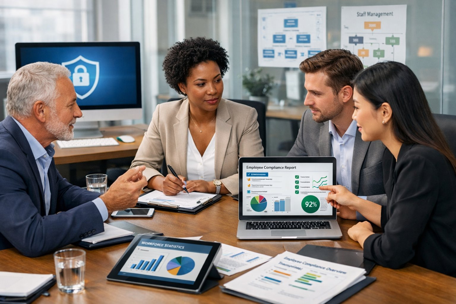 Un groupe de professionnels en réunion dans un bureau moderne, discutant autour d'une table avec des ordinateurs portables et des documents.