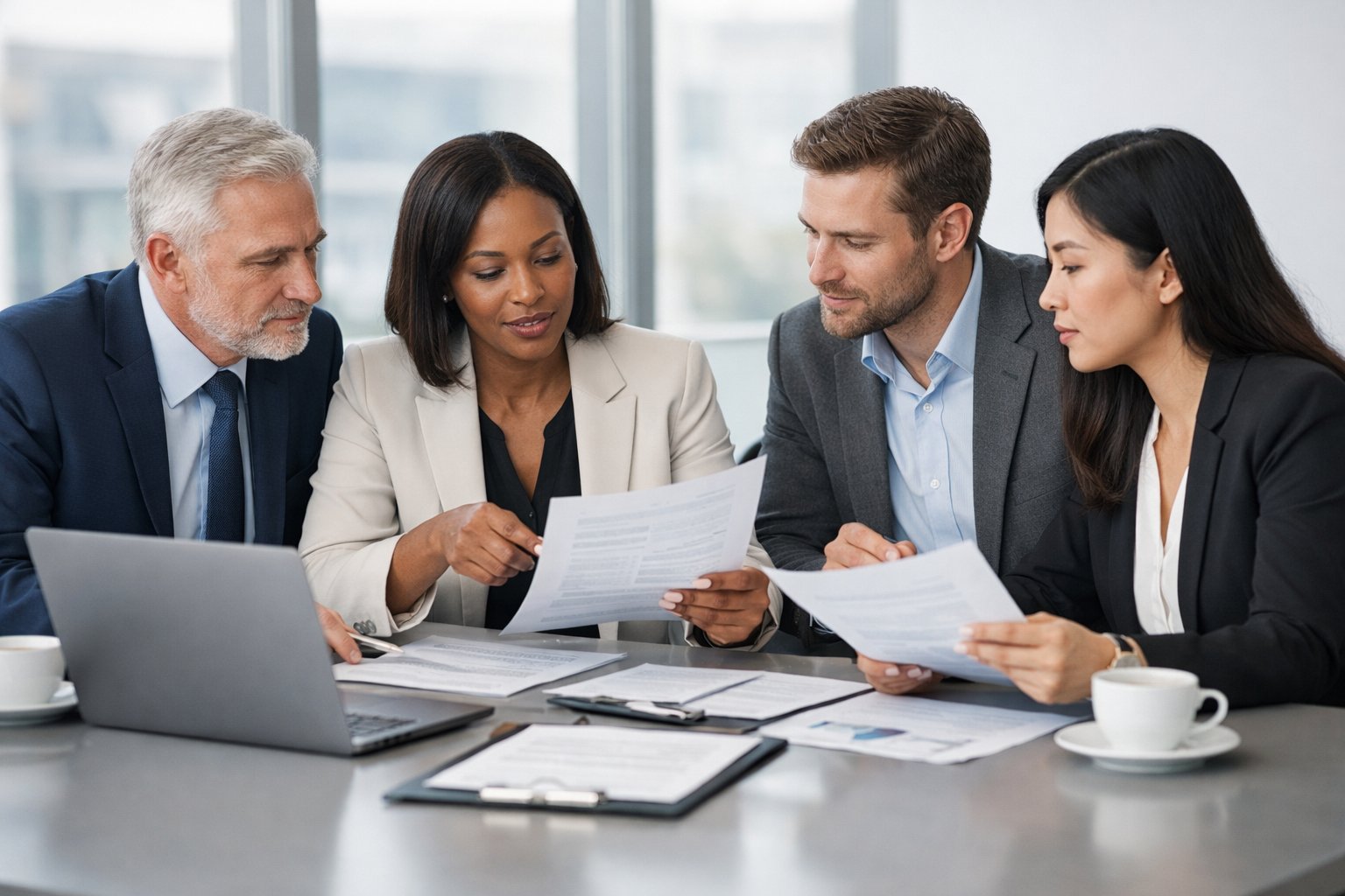 Un groupe de professionnels en réunion dans une salle de conférence lumineuse, discutant de documents ensemble.