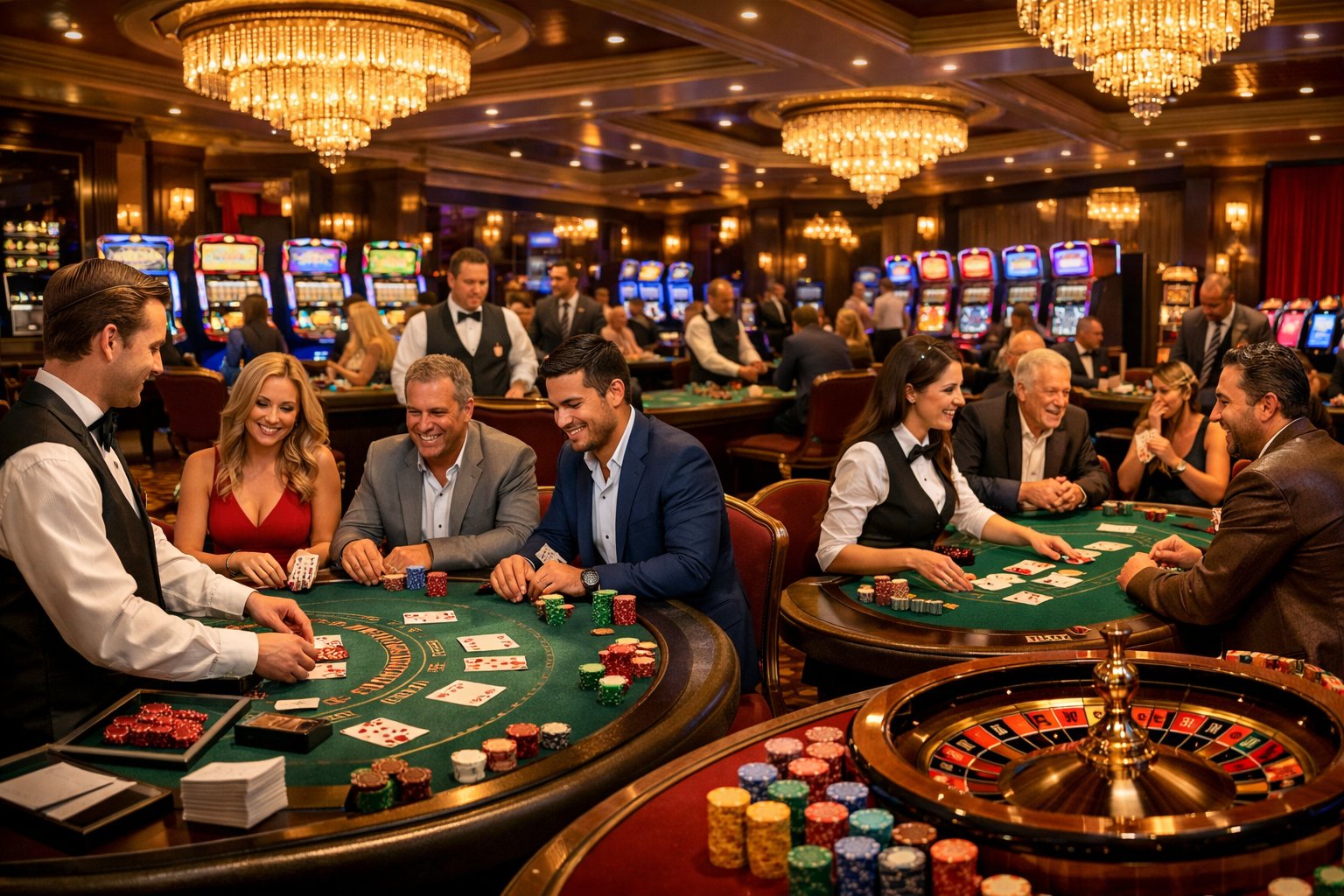 A busy casino floor with gaming tables, dealers, players, and slot machines in a well-lit, elegant setting.
