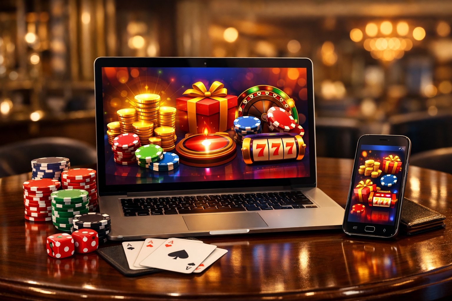 A laptop and smartphone on a table displaying colorful casino game interfaces, surrounded by casino chips and playing cards in a luxurious room.