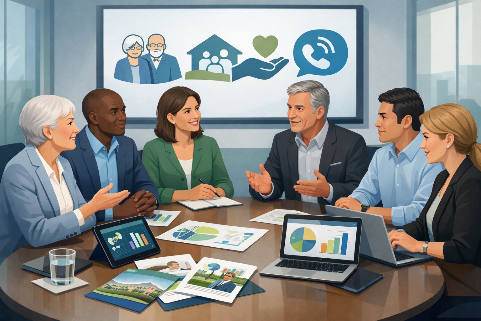 A group of professionals collaborating around a table with marketing materials and charts in a conference room, discussing assisted living strategies.