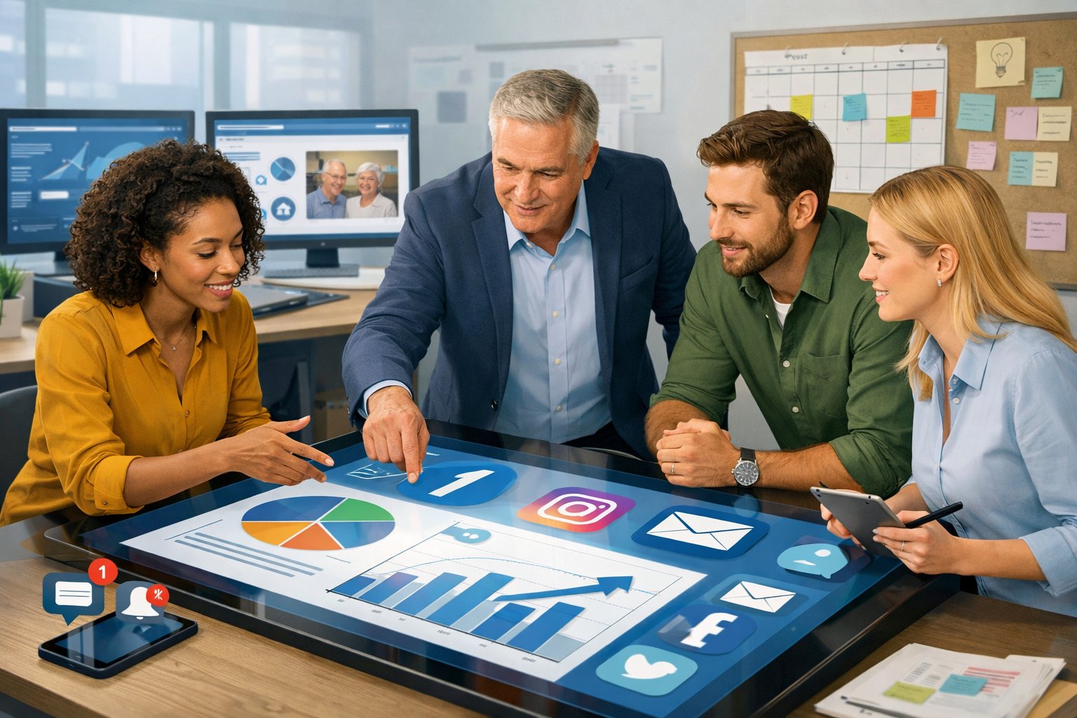 A team of marketing professionals working together around a digital table with charts and social media icons, with computers displaying analytics and advertising campaigns in an office setting.