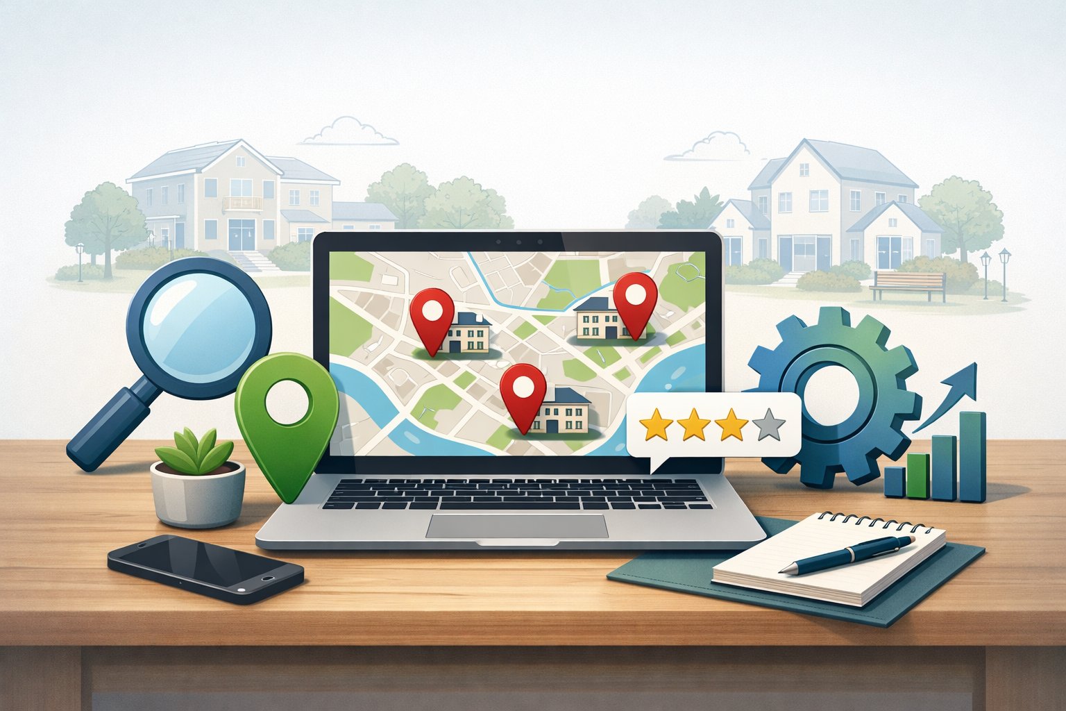A workspace with a laptop showing a map with location pins, surrounded by icons for search, location, ratings, and settings, representing local SEO for assisted living facilities.