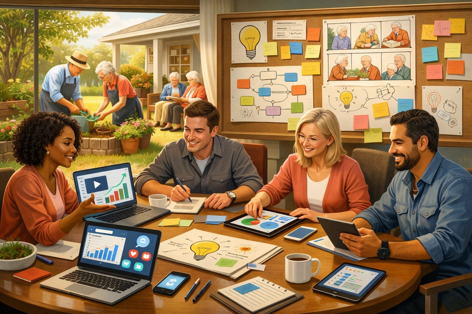 A team of marketing professionals collaborating around a table with digital devices, with an assisted living facility and elderly residents engaging in activities in the background.