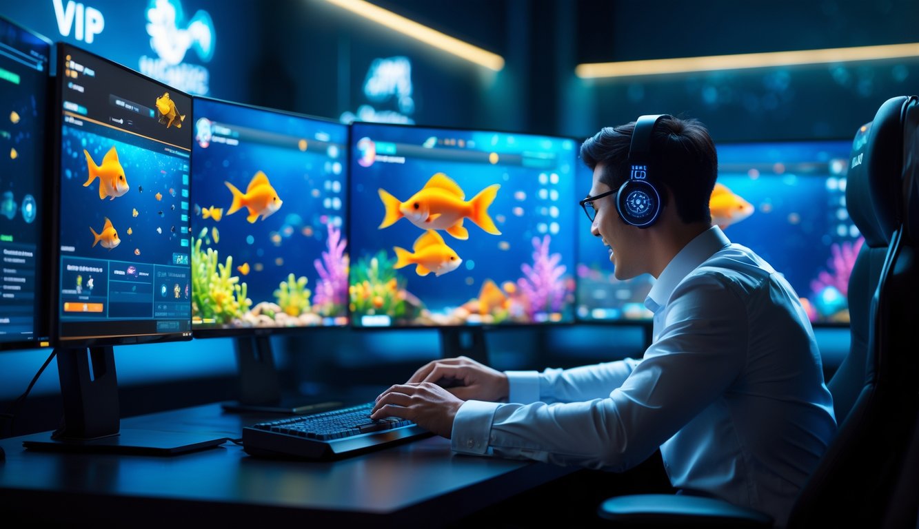 Seorang pria sedang bermain permainan tembak ikan online di depan komputer dengan layar menampilkan ikan berwarna-warni di latar bawah laut.