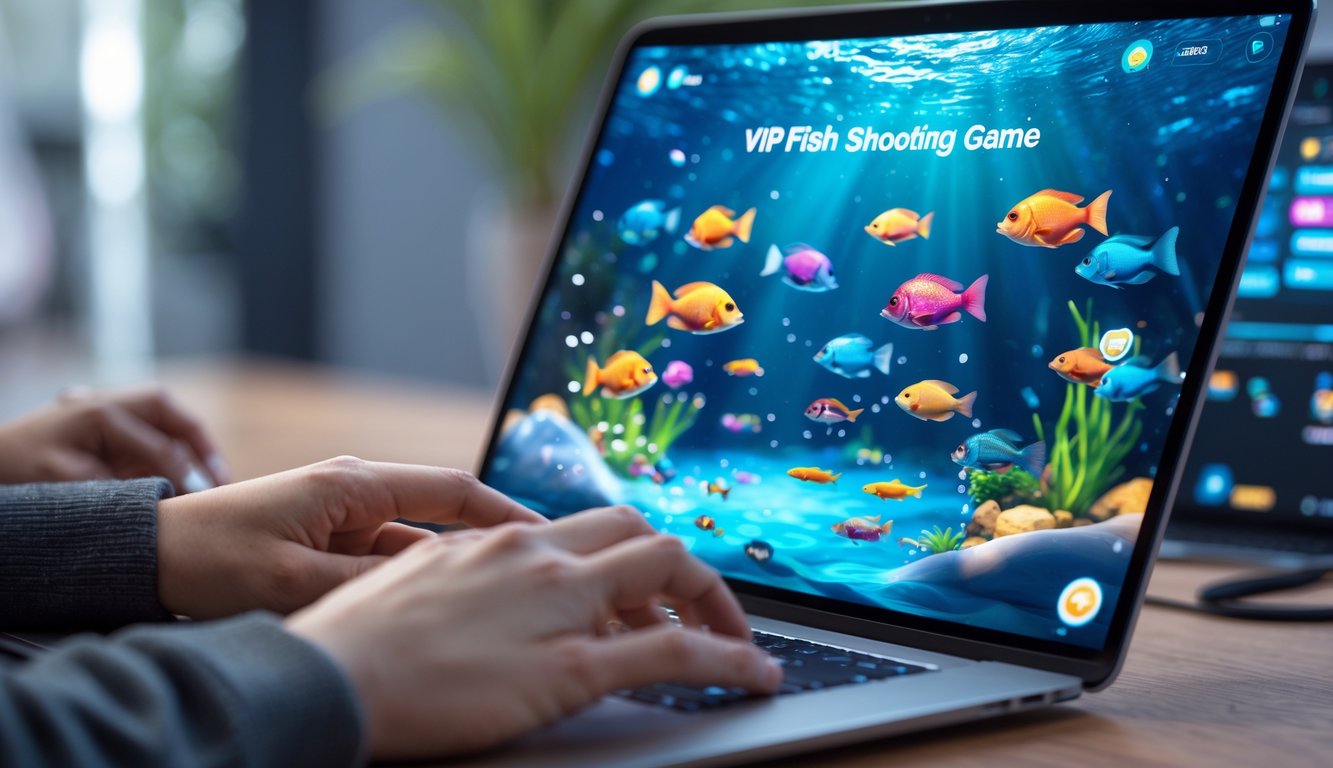 Seseorang menggunakan komputer dengan layar menampilkan permainan menembak ikan berwarna-warni di bawah laut.