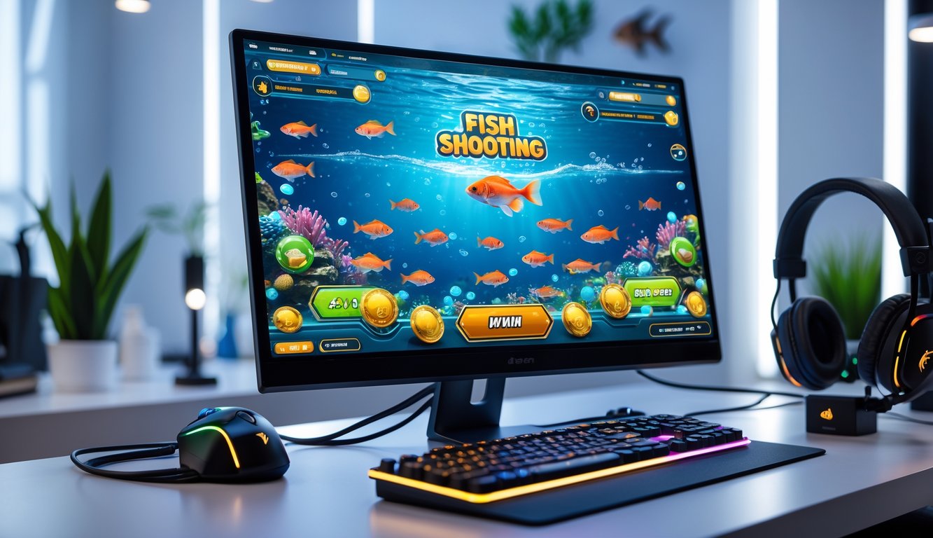 Seorang pemain sedang menggunakan komputer dengan permainan menembak ikan yang penuh warna di layar dalam ruangan yang rapi dan modern.