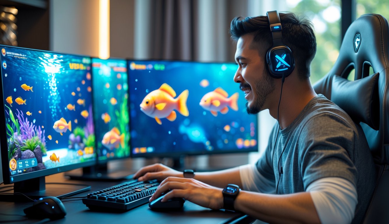 Seorang pemain dewasa fokus bermain game tembak ikan VIP online di komputer dengan layar menampilkan grafik ikan warna-warni.