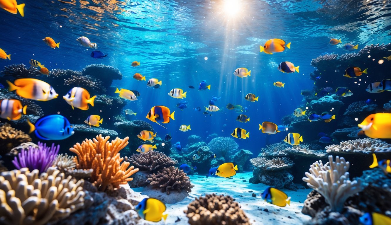 Pemandangan bawah laut dengan ikan tropis berwarna-warni berenang di sekitar terumbu karang yang diterangi cahaya matahari.