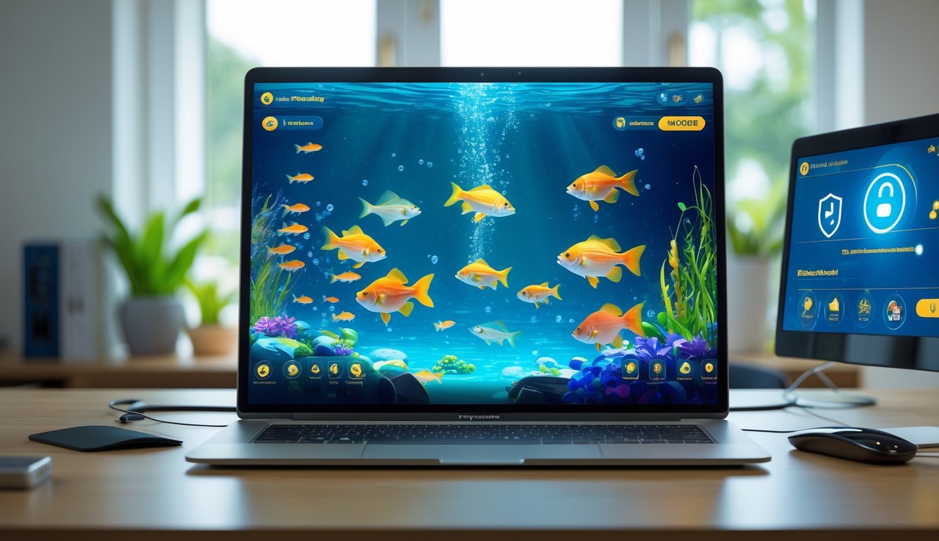 Seseorang menggunakan perangkat digital dengan layar menampilkan permainan memancing ikan yang berwarna-warni di lingkungan yang nyaman dan aman.