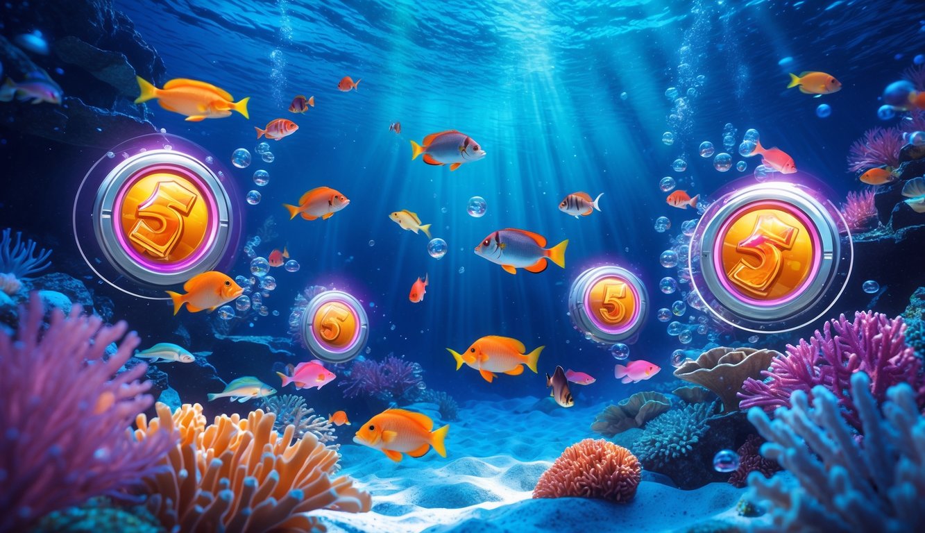 Pemandangan bawah laut dengan ikan warna-warni dan terumbu karang, menampilkan elemen permainan tembak ikan online dengan suasana yang hidup dan menarik.