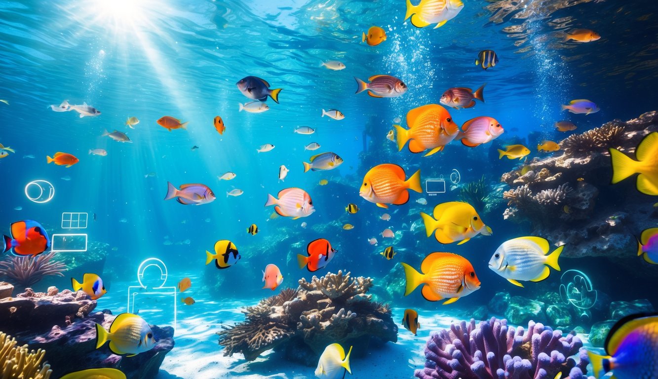 Pemandangan bawah laut yang penuh warna dengan berbagai ikan tropis berenang di sekitar terumbu karang di air jernih.