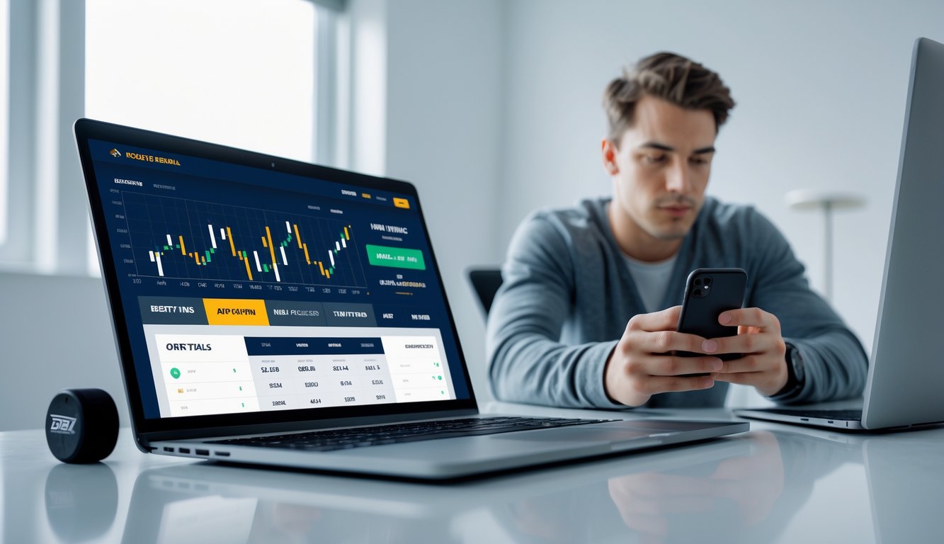 Seorang pria muda menggunakan laptop dan ponsel di meja dengan perlengkapan hoki di dekatnya, menggambarkan taruhan NHL online yang terpercaya.