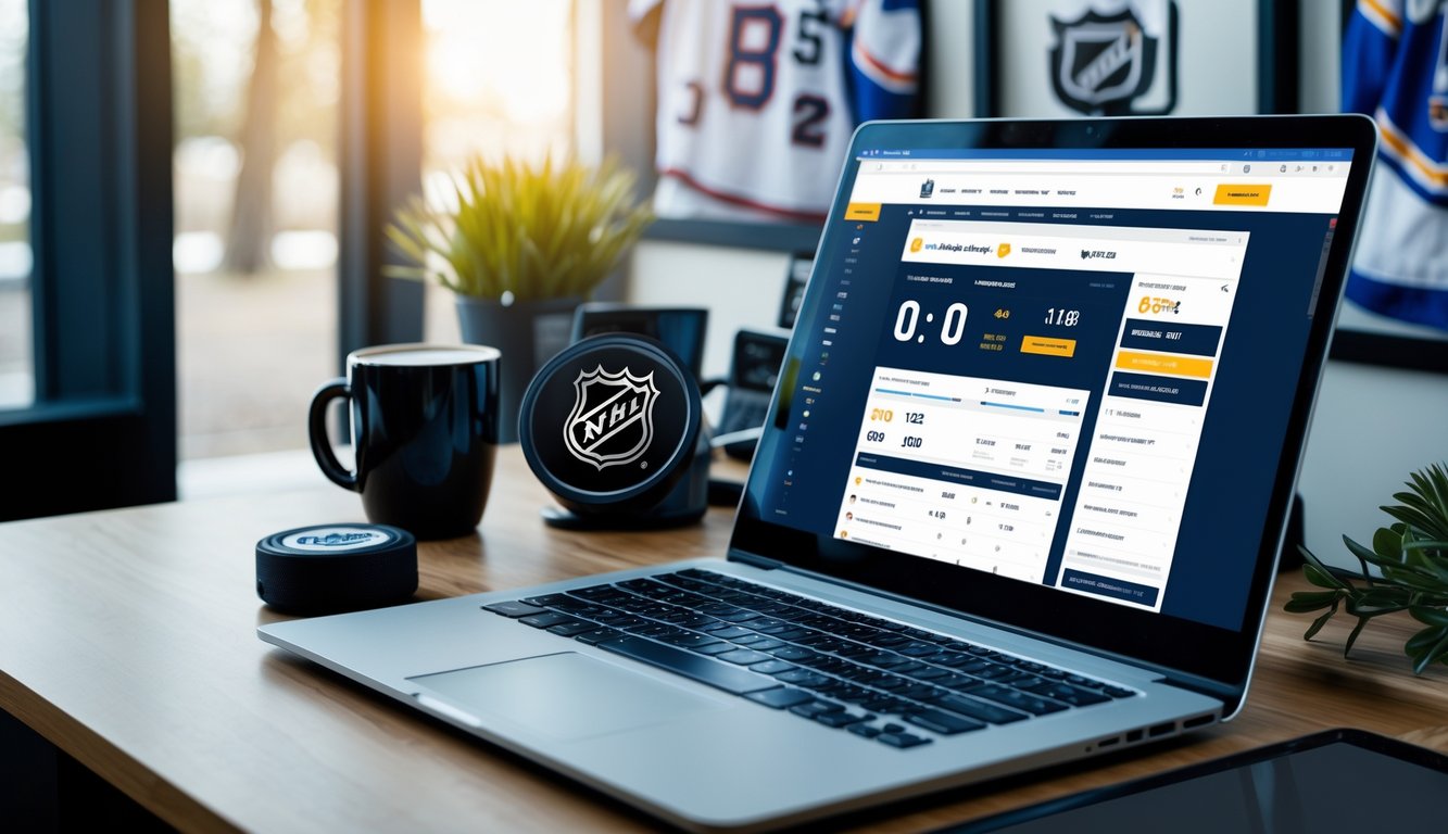 Sebuah meja kerja dengan laptop yang menampilkan situs taruhan NHL, lengkap dengan peralatan hoki dan suasana profesional.