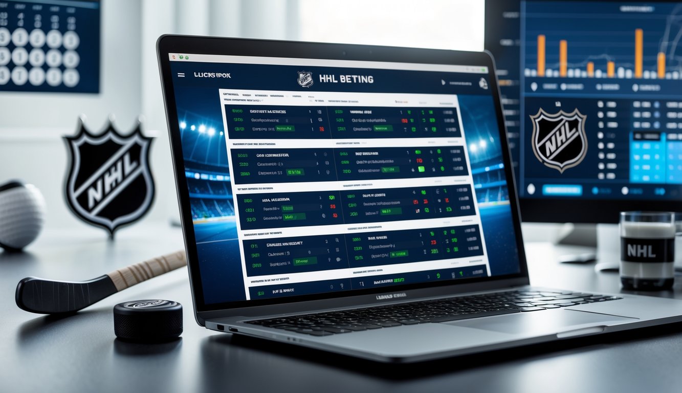 Seorang pria menggunakan laptop dengan tampilan situs taruhan NHL online dan peralatan hoki di atas meja.