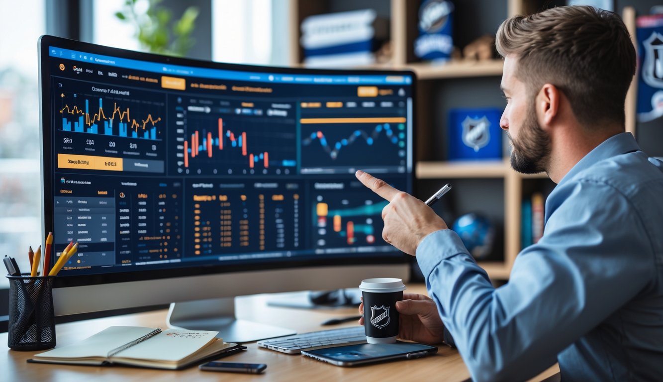 Seseorang sedang menganalisis statistik tim NHL di depan komputer dengan grafik dan catatan di meja kerja.
