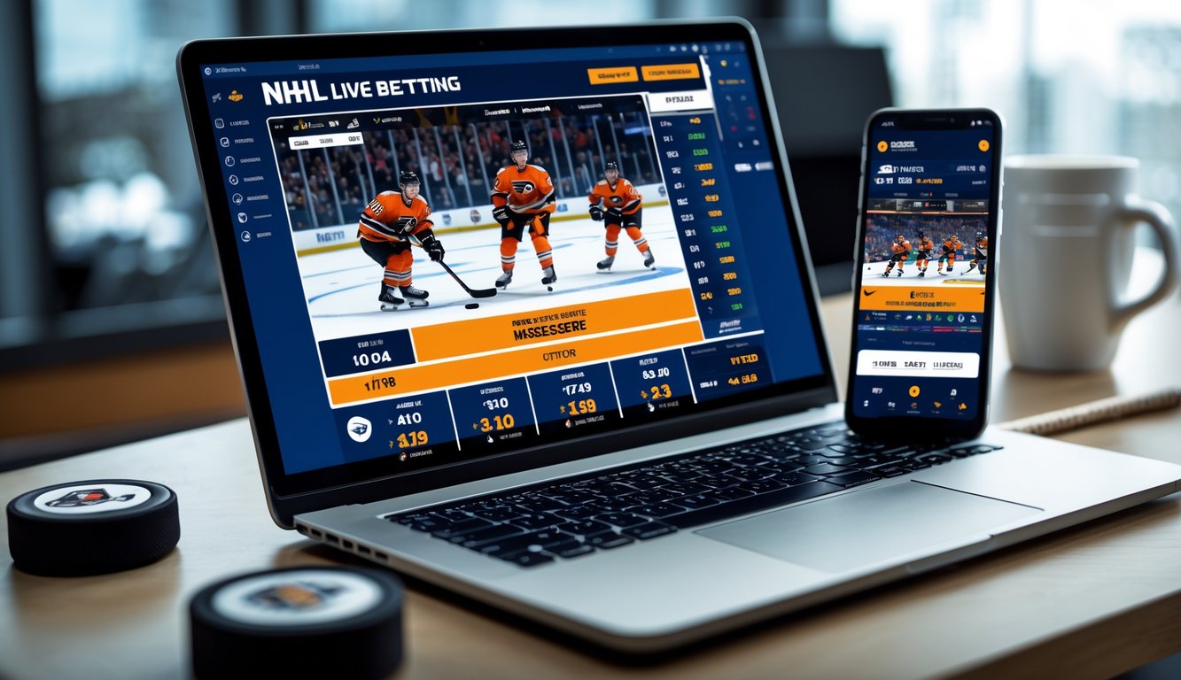 Seseorang menggunakan laptop dan ponsel untuk taruhan NHL online dengan skor pertandingan hoki yang diperbarui secara langsung.