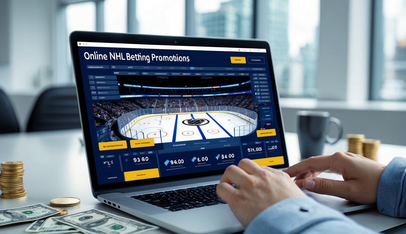 Seseorang menggunakan laptop dengan tampilan antarmuka taruhan hoki es di layar dalam suasana ruang kerja yang terang dan profesional.