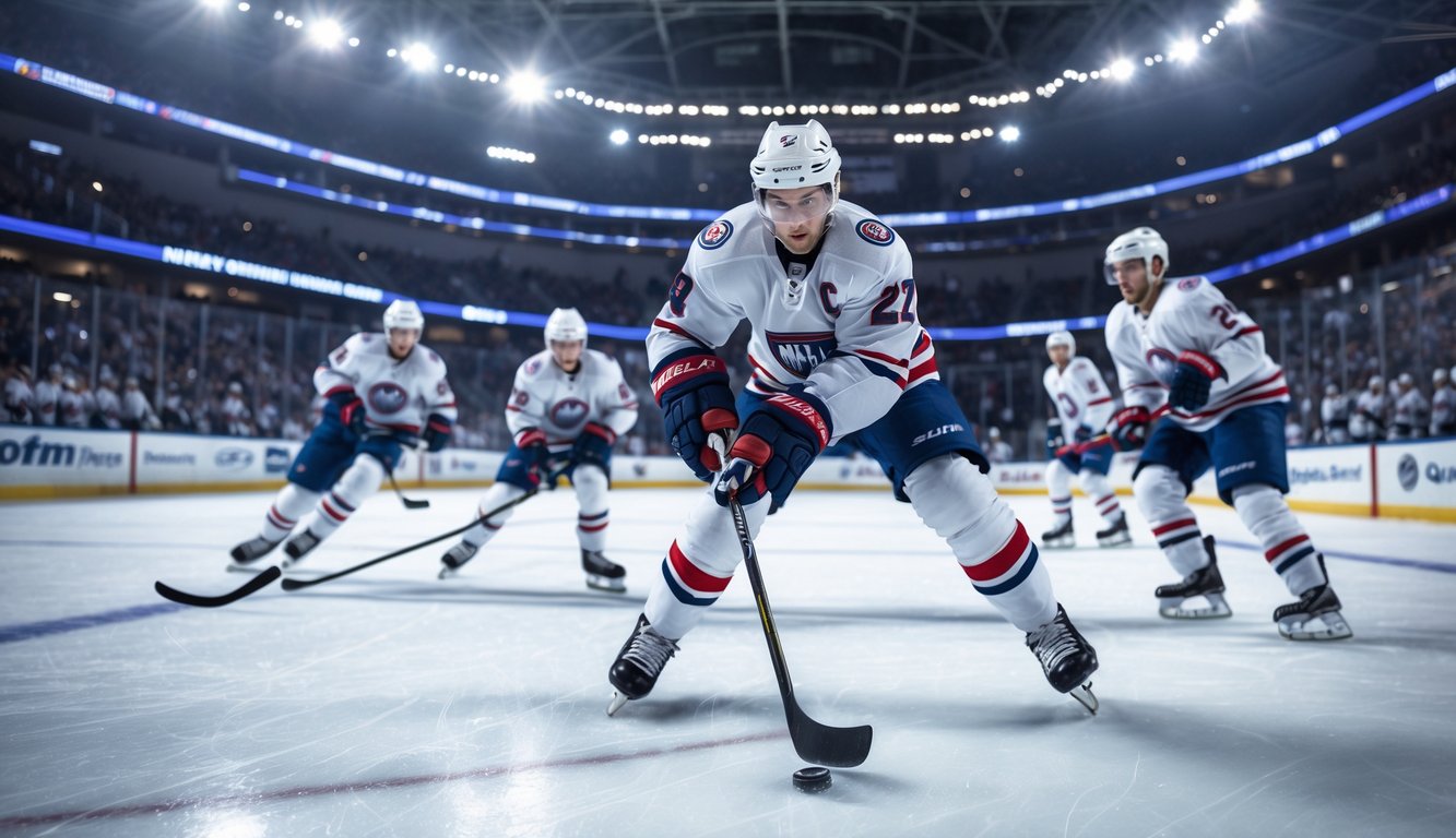 Pertandingan hoki es NHL sedang berlangsung dengan pemain yang sedang mengendalikan puck di arena yang ramai.