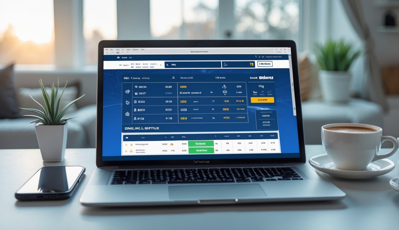 Seseorang menggunakan laptop di meja dengan layar menampilkan antarmuka taruhan olahraga NHL, di latar belakang suasana rumah yang nyaman dengan cahaya alami.