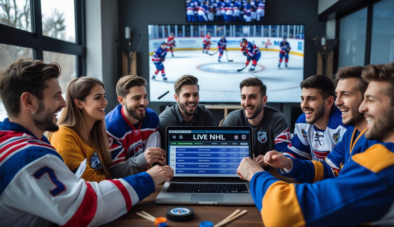 Sekelompok penggemar hoki es internasional sedang menggunakan laptop dan ponsel untuk memasang taruhan NHL online sambil menonton pertandingan hoki es secara langsung.