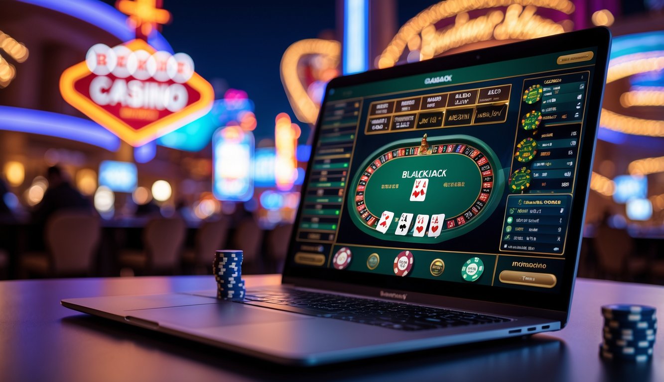 Seorang pemain sedang bermain blackjack online dengan latar belakang lampu neon dan pemandangan kota Las Vegas yang samar.